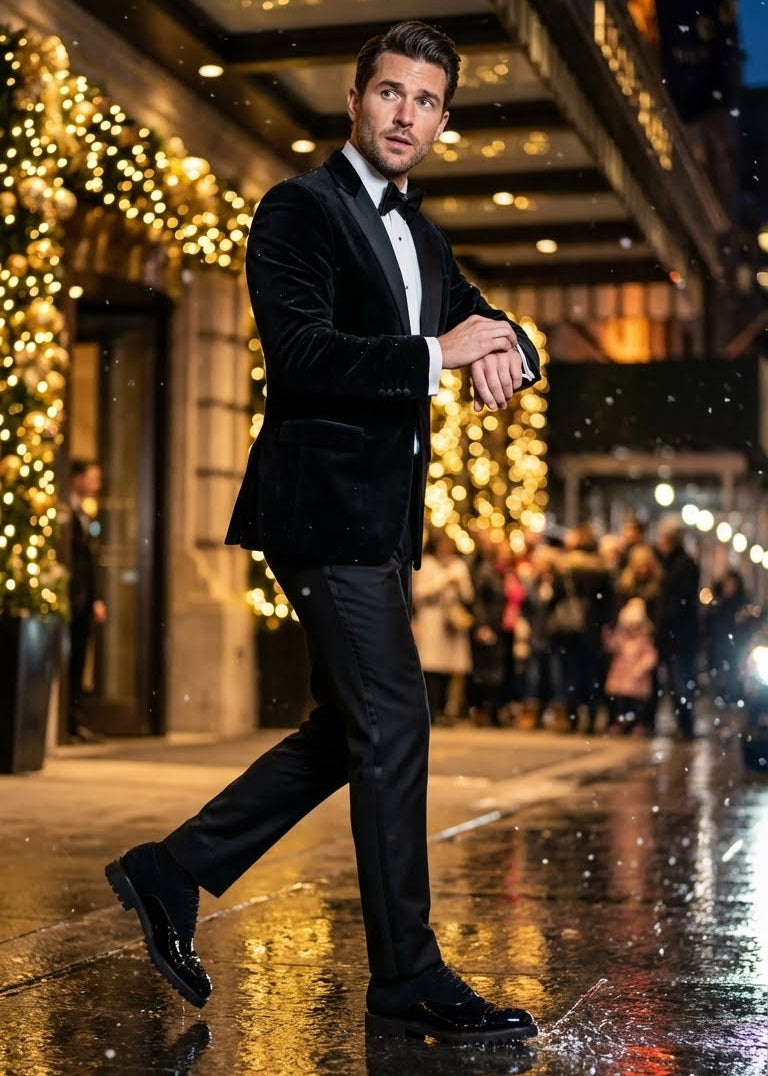 Man in a black suit walking on a city street with festive decorations.