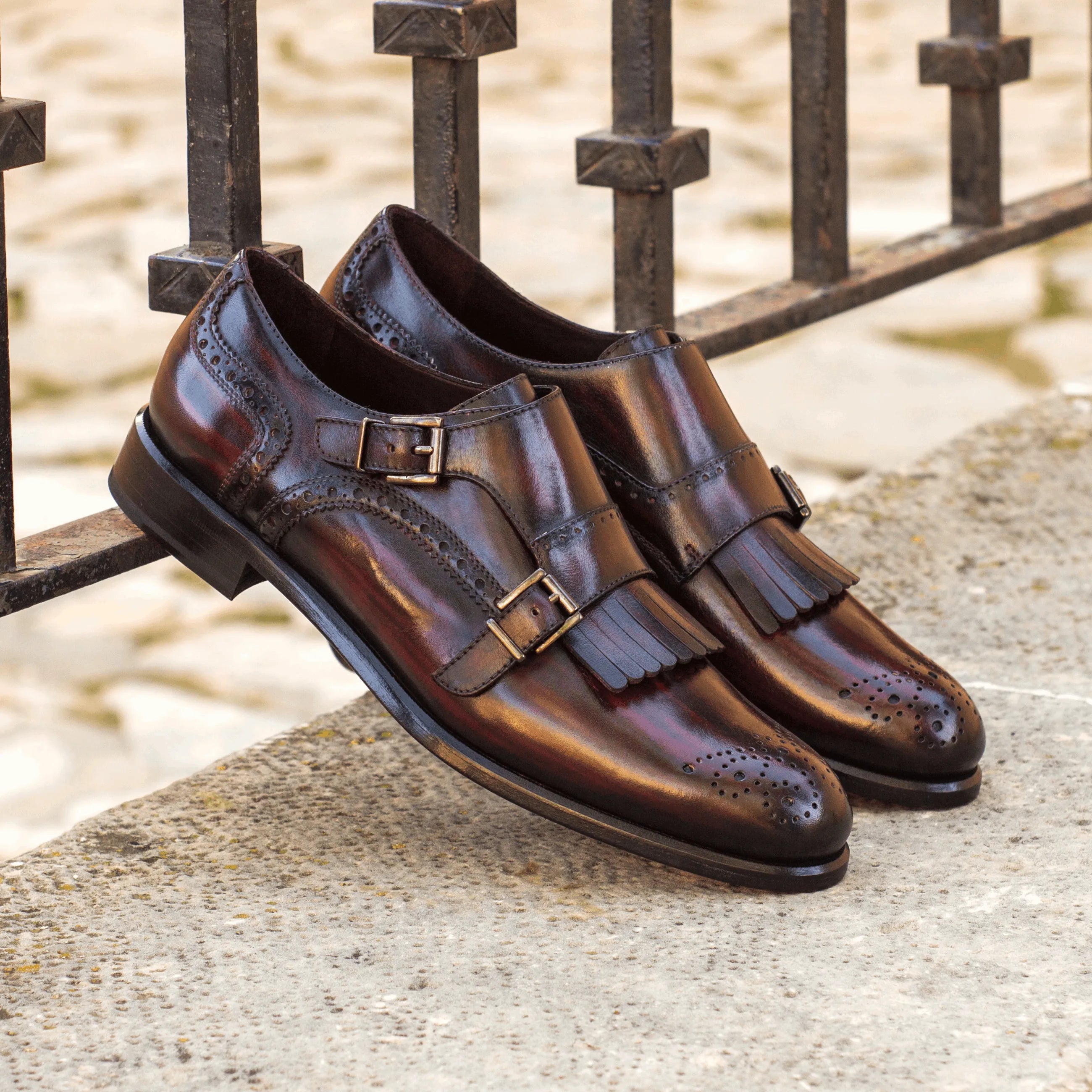 Amina kiltie womens monk strap patina brown leather shoes