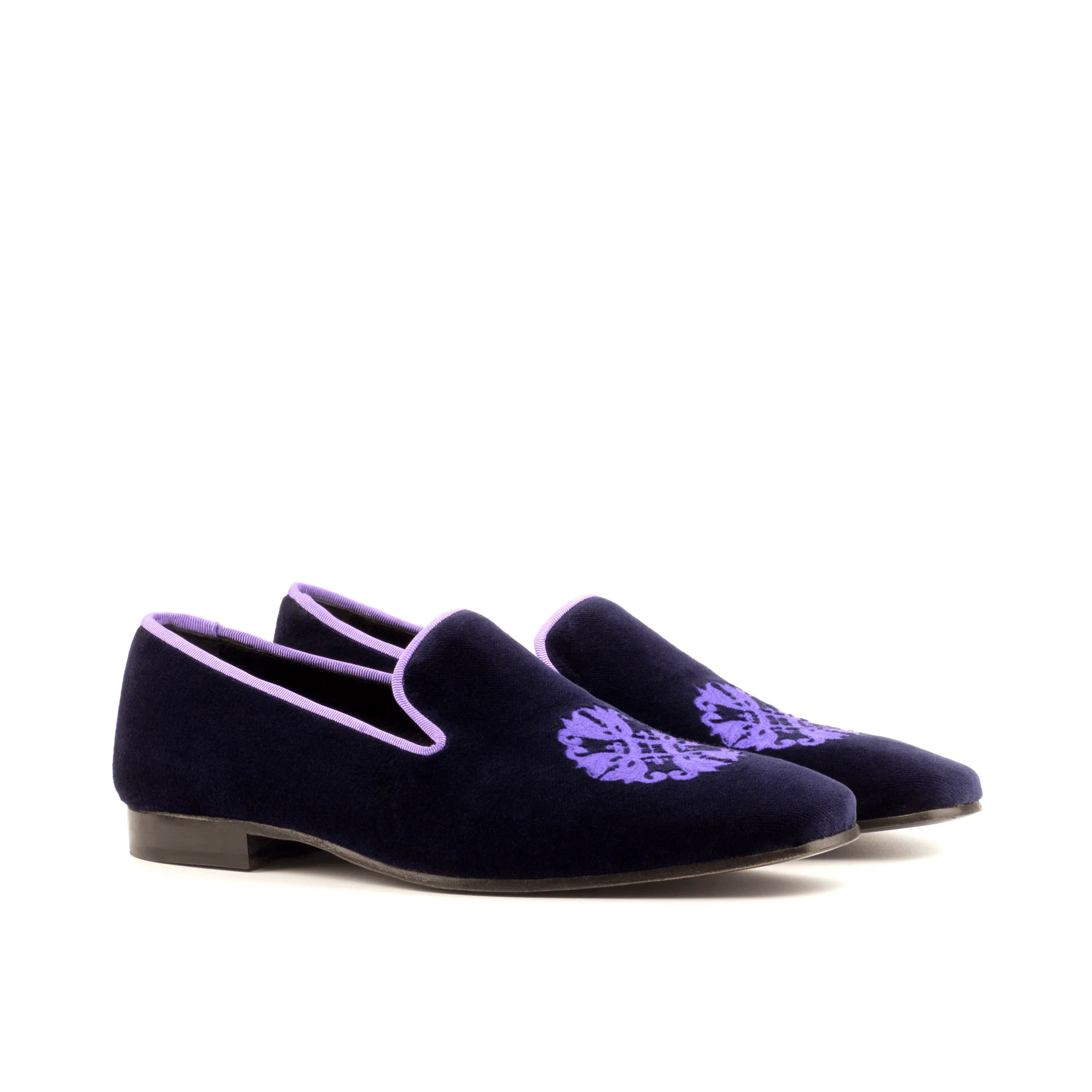 Bali Drake Slipon II navy velvet loafers with purple trim embroidery