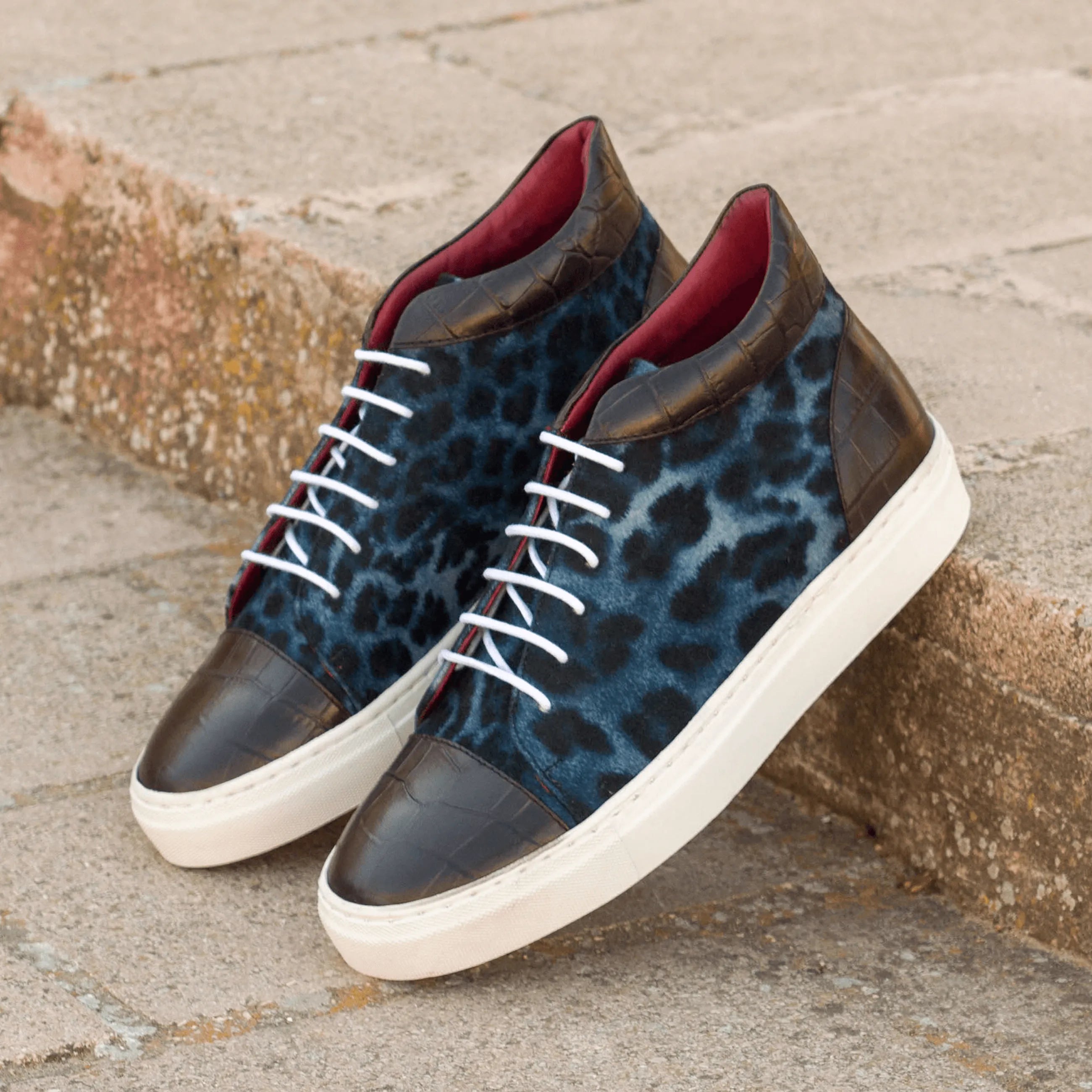 Belen high top sneakers II in blue leopard print, luxury bespoke shoes for men