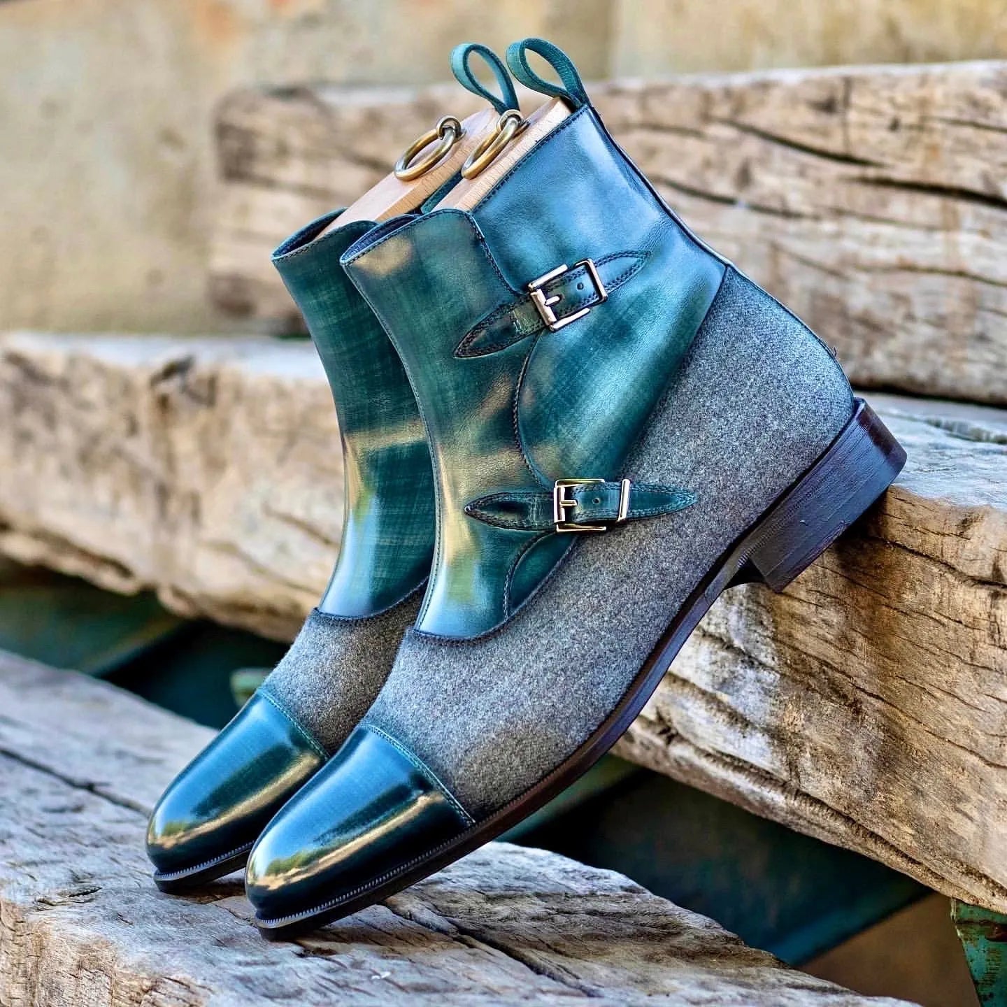Biagio Octavian Patina Boots II in two-toned teal and gray leather
