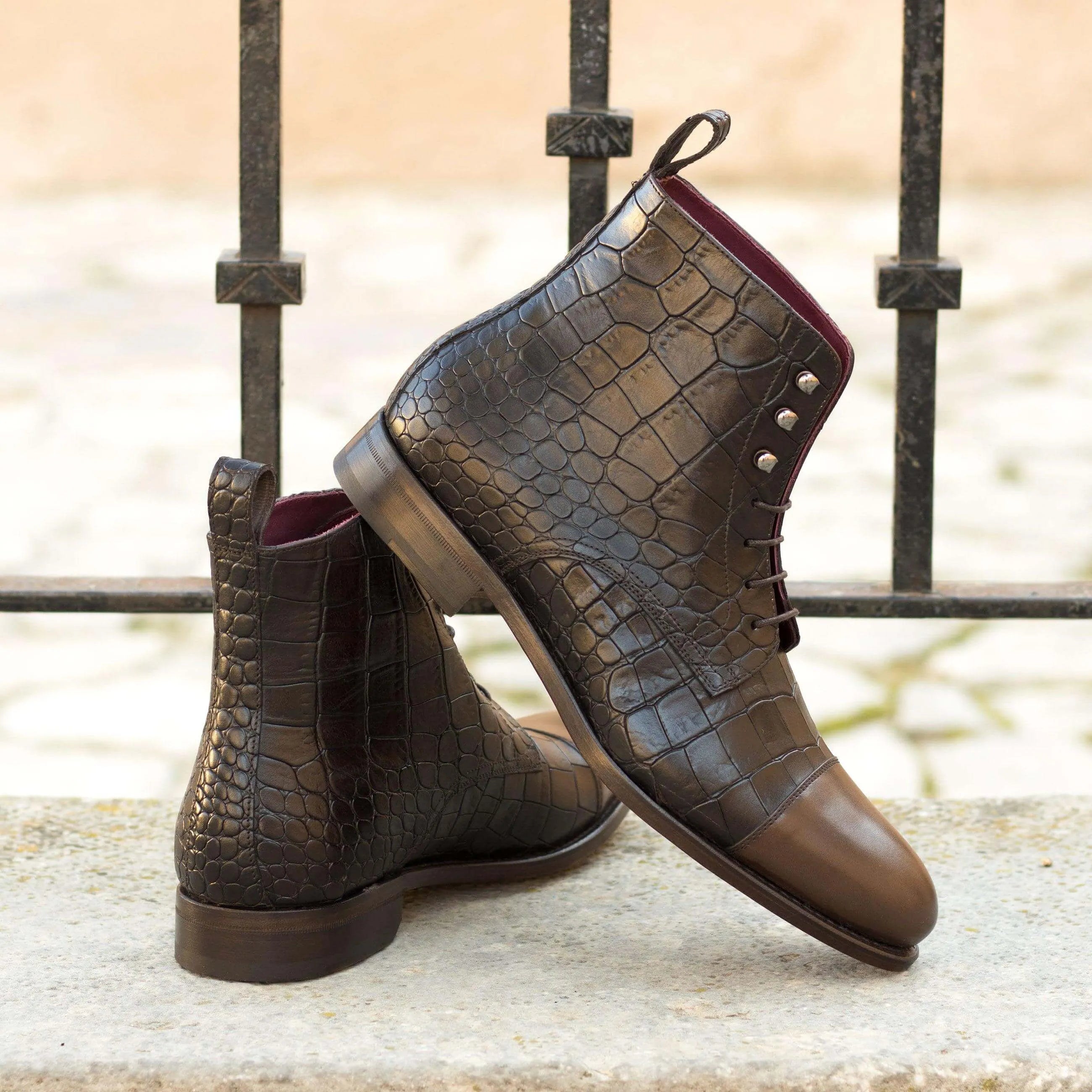 Bobies Jumper Boots in dark brown painted crocodile leather