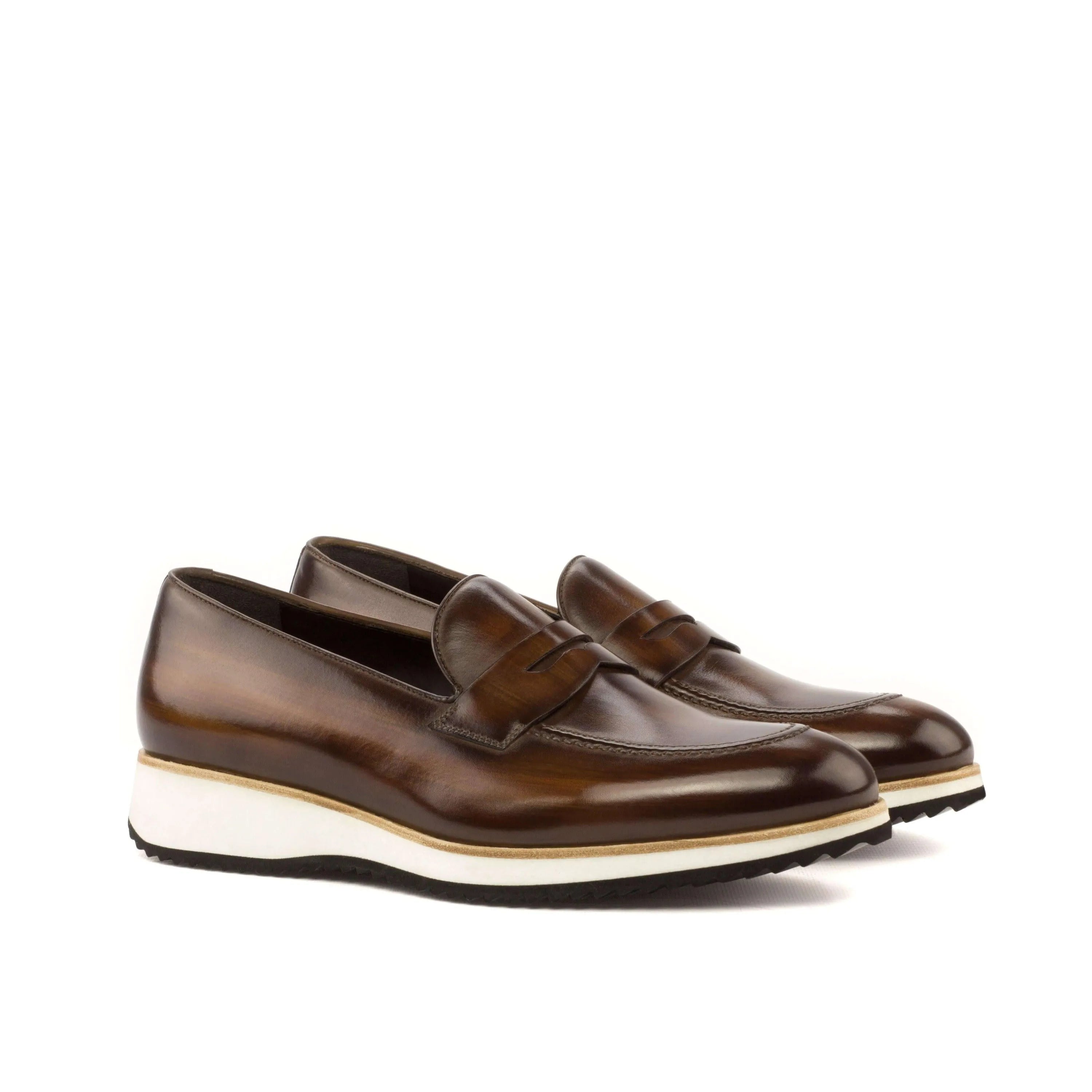 Cato loafers II: brown leather penny loafers with white soles, rounded toe