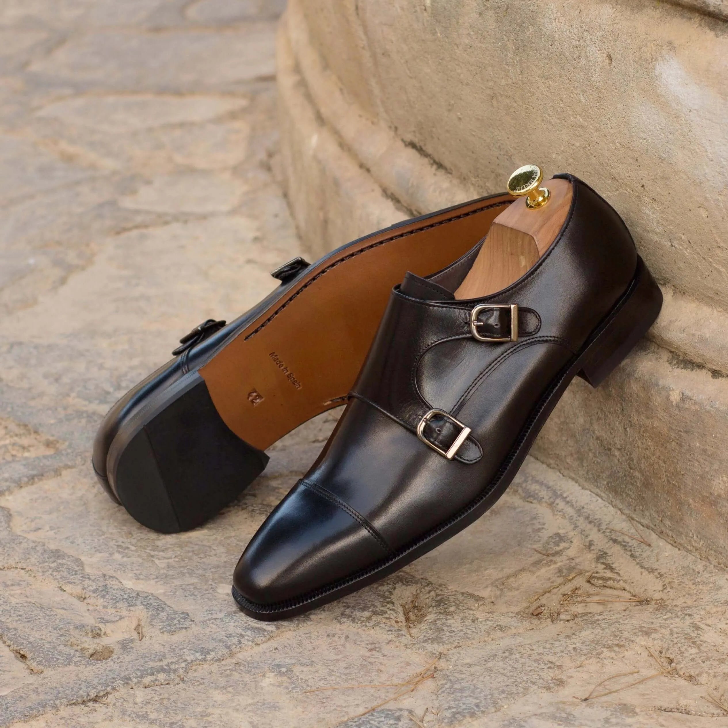 Cayton double monk brown leather shoes pair with straps