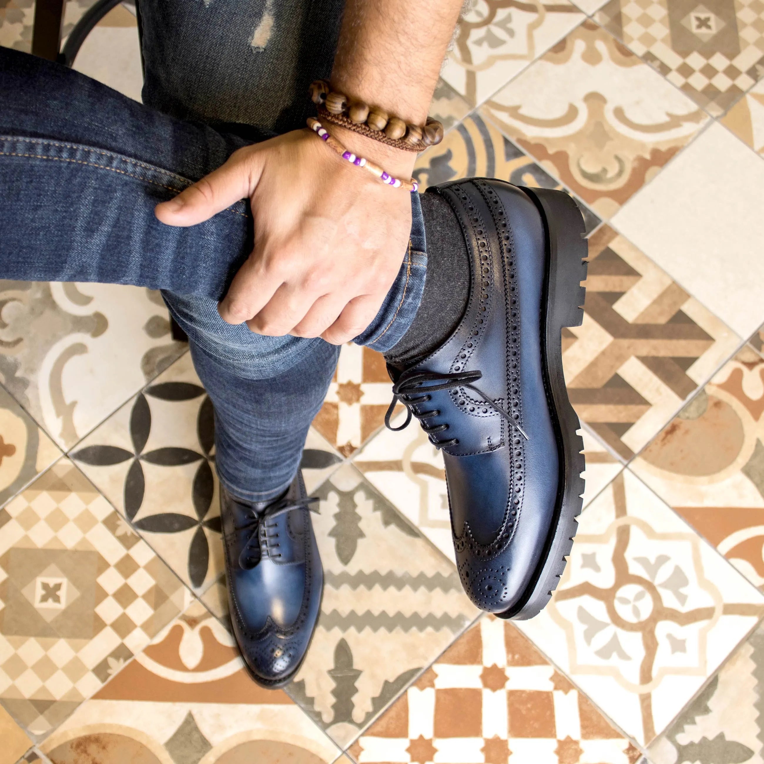 Blue Dario Longwing Blucher leather wingtip shoes
