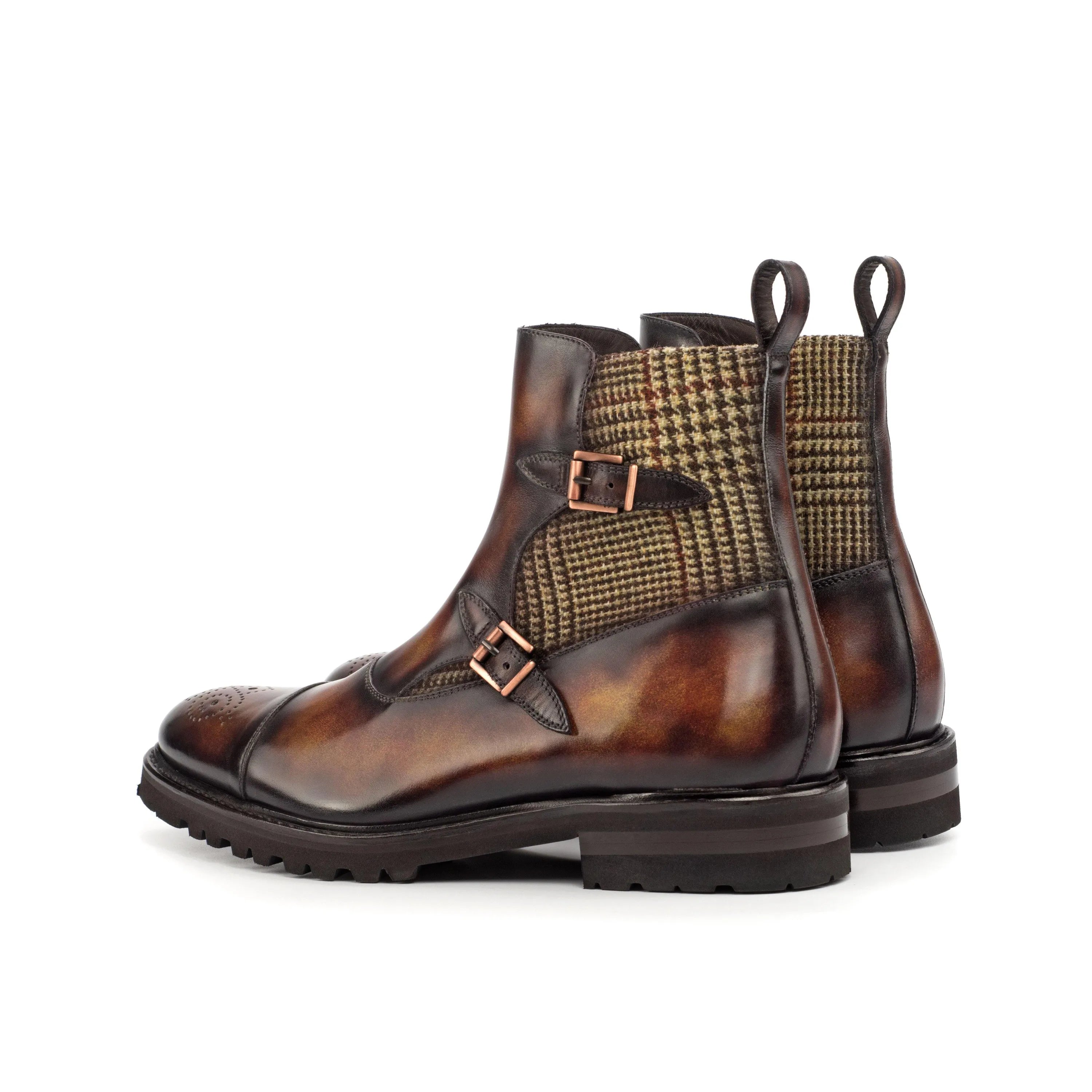 Dowain Octavian Patina Boots in brown leather and tweed with buckles