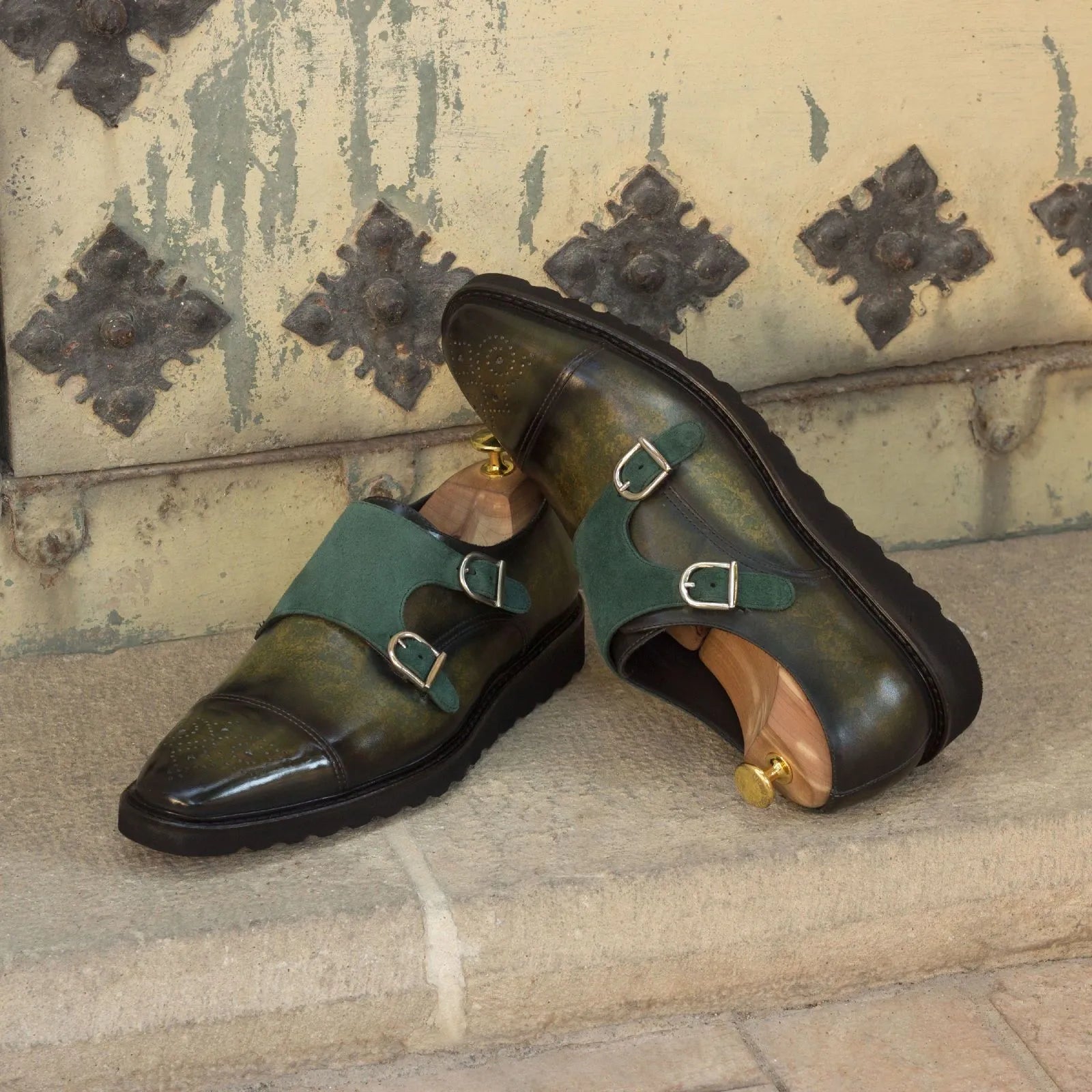 Dunstan Patina double monk green leather strap shoes