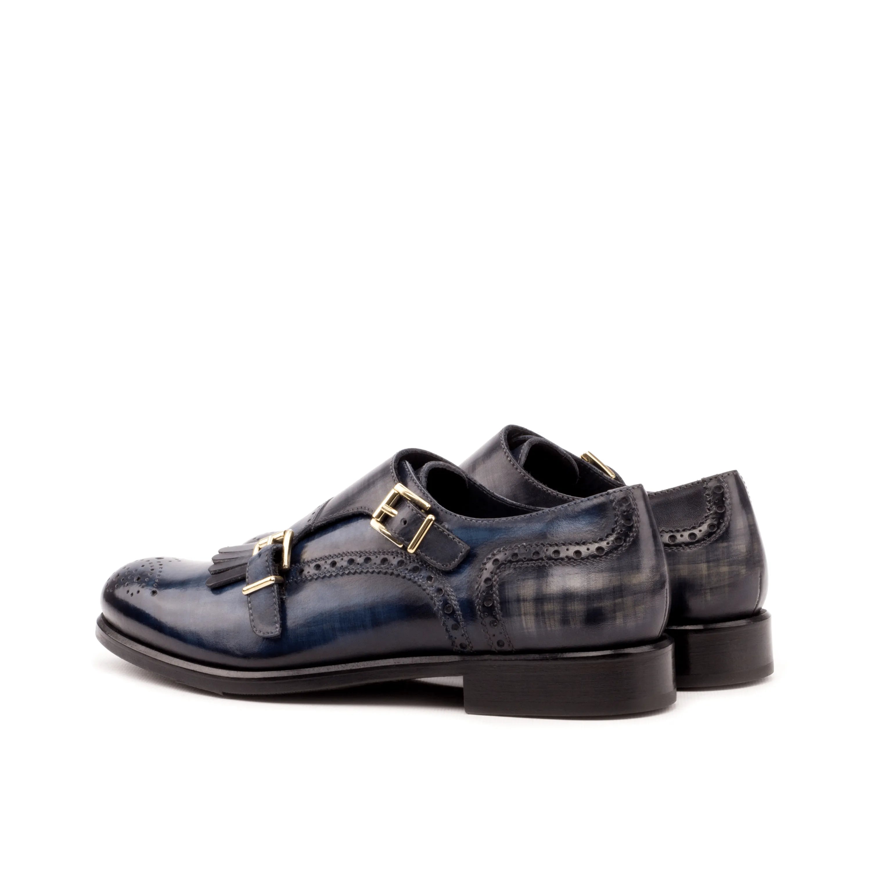 Gawain kiltie womens monk strap II blue leather shoes with crust patina