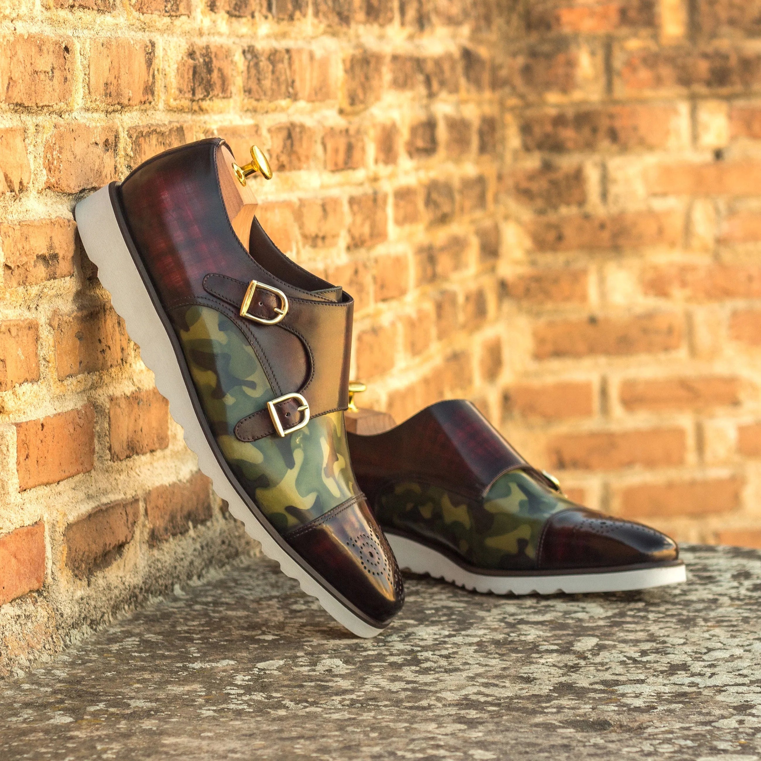 Juan double monk patina shoes in stylish camouflage and burgundy leather