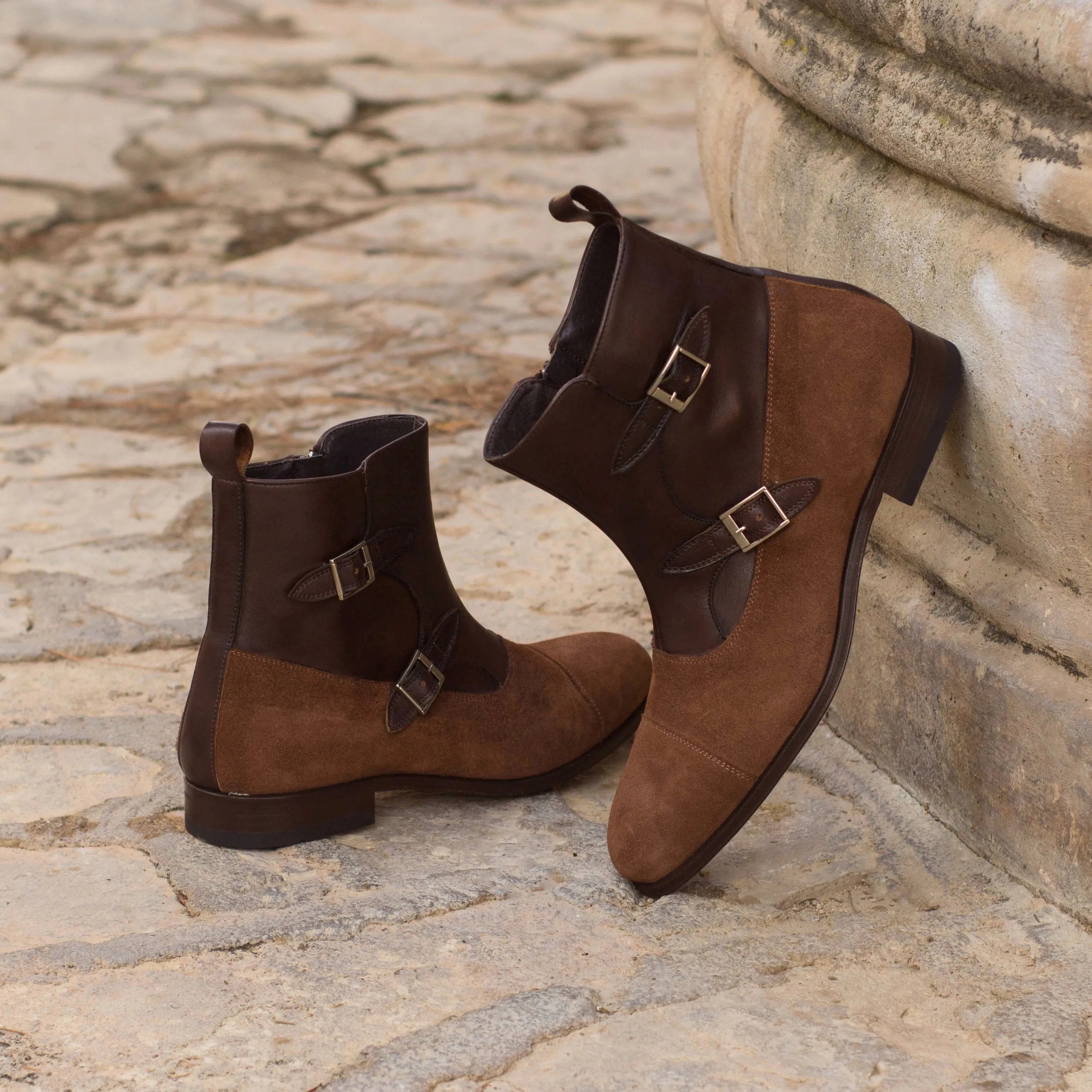 Two-tone brown leather Macha Octavian monk strap boots