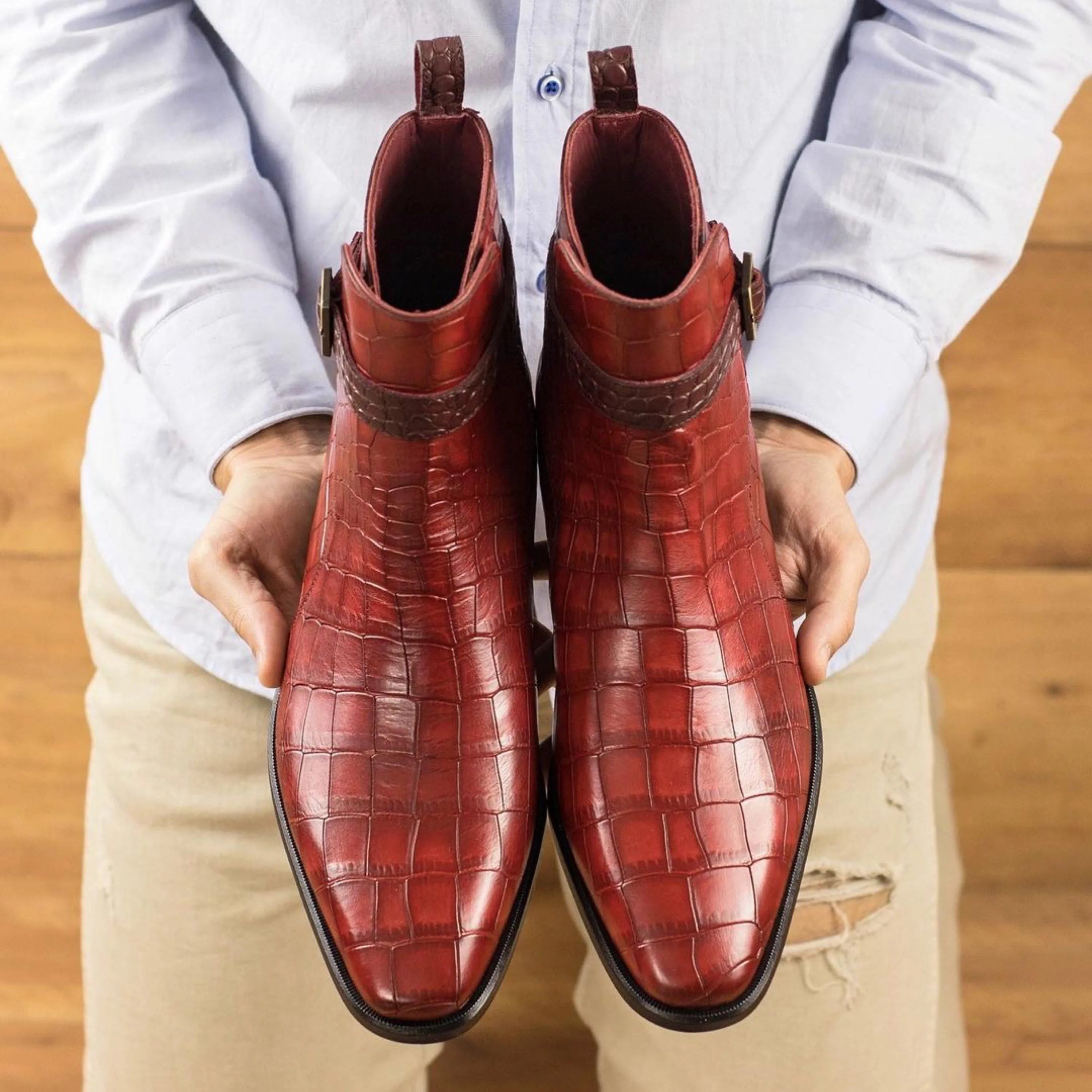Red monday croc jodhpur boots in painted croco leather pattern
