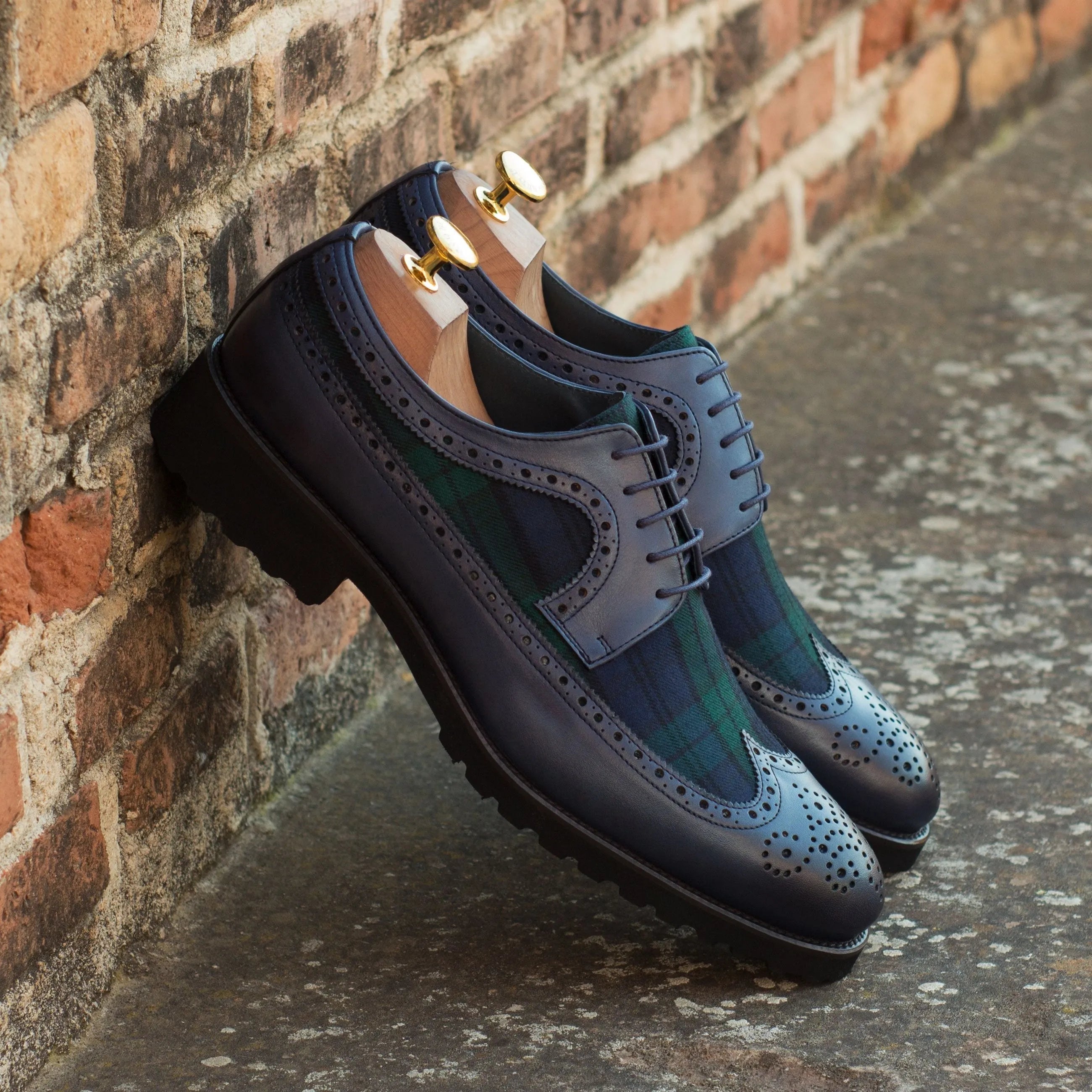 Nakoda Longwing Blucher blue and green plaid wingtip shoes