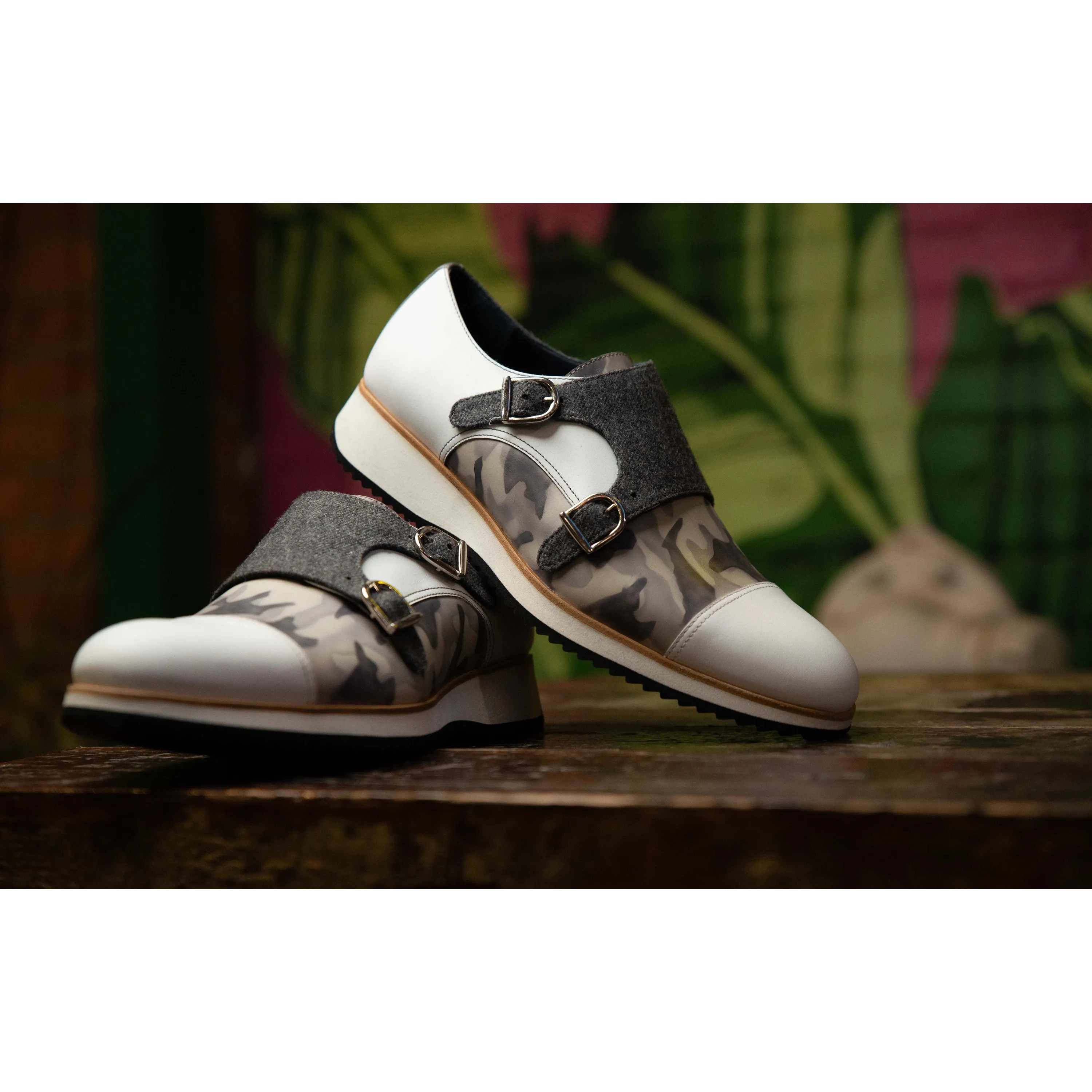 Q1 Patina Double Monk white and camouflage double monk shoes