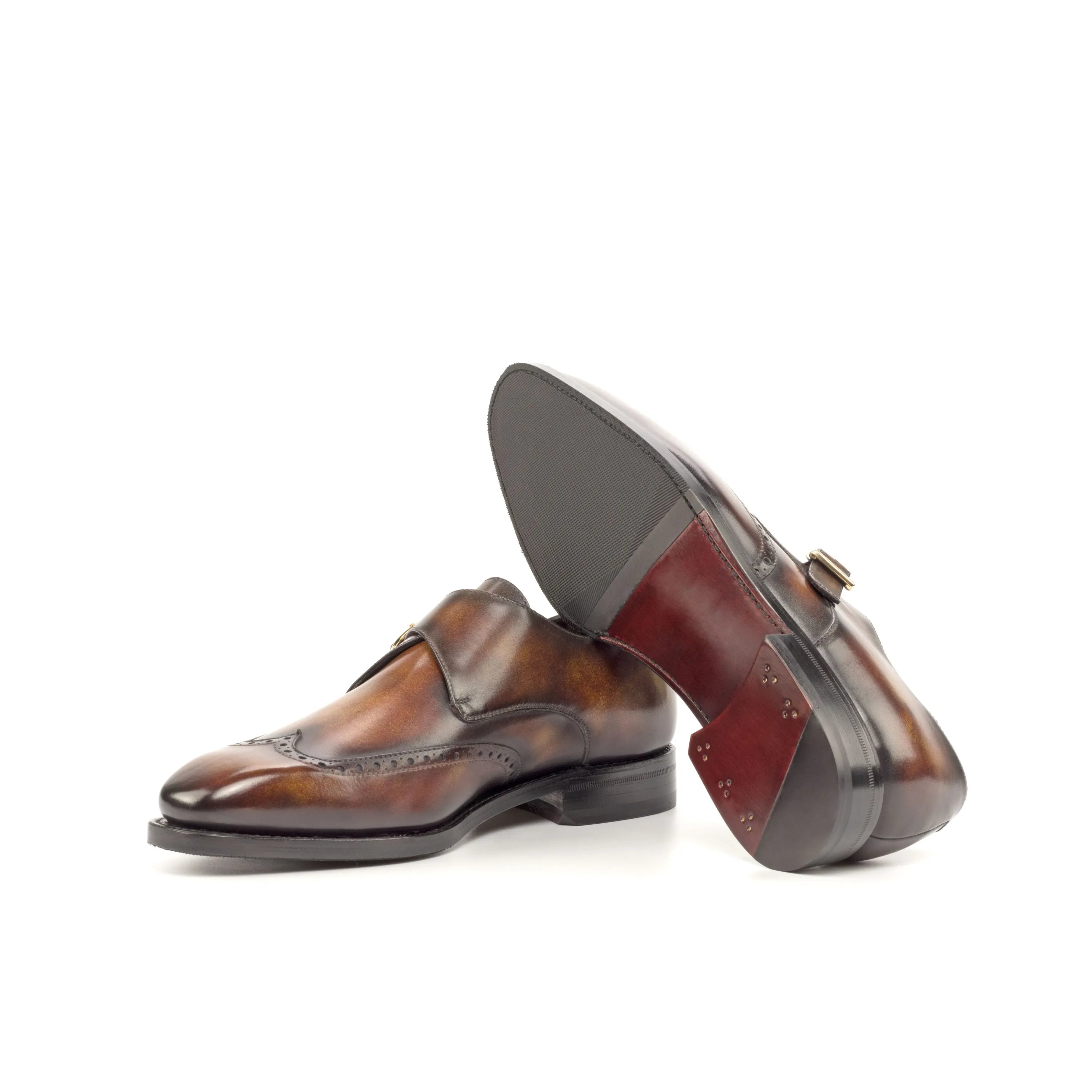 Rinos single monk patina shoes in brown leather back view