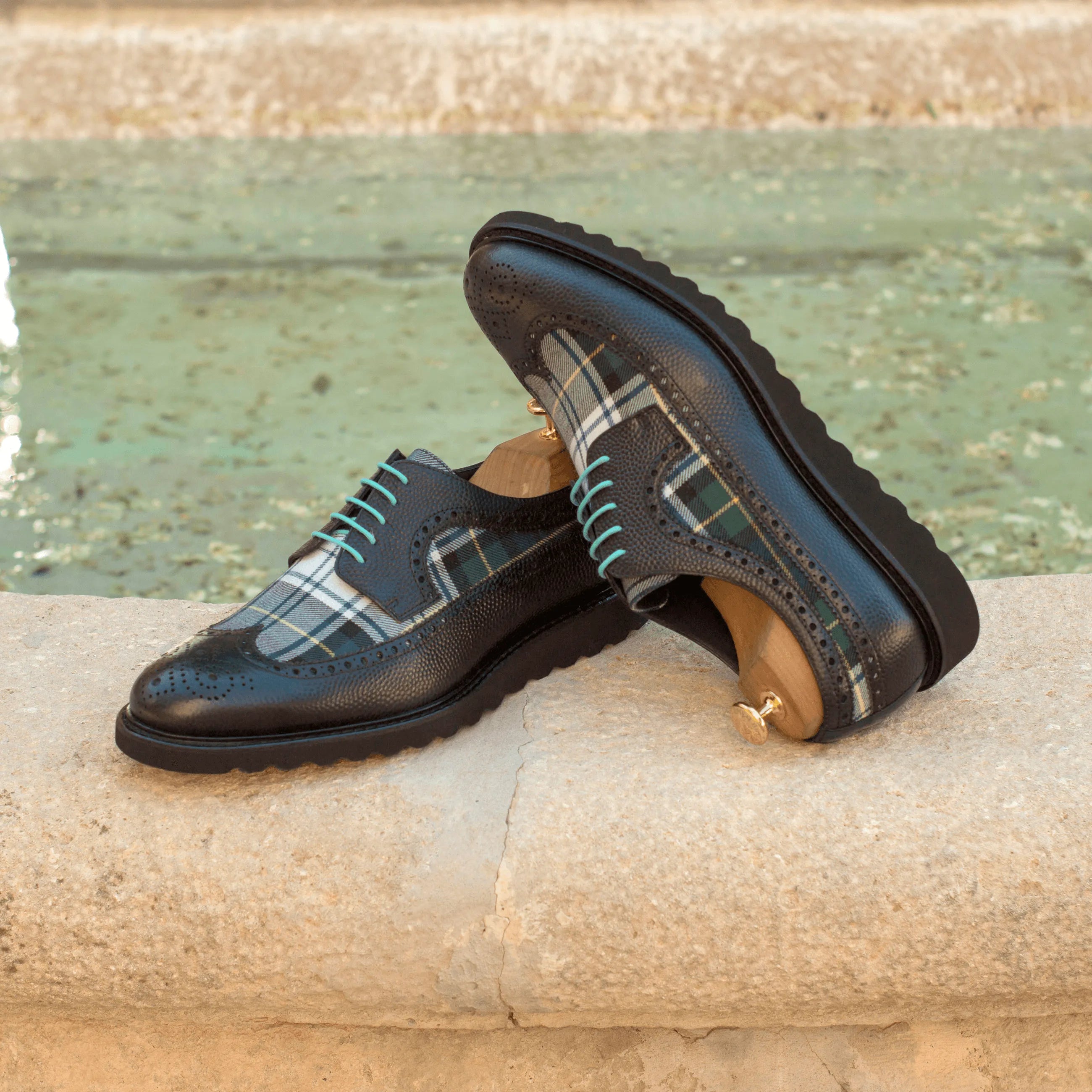 Seleucid Longwing Blucher II black leather plaid rounded toe dress shoes