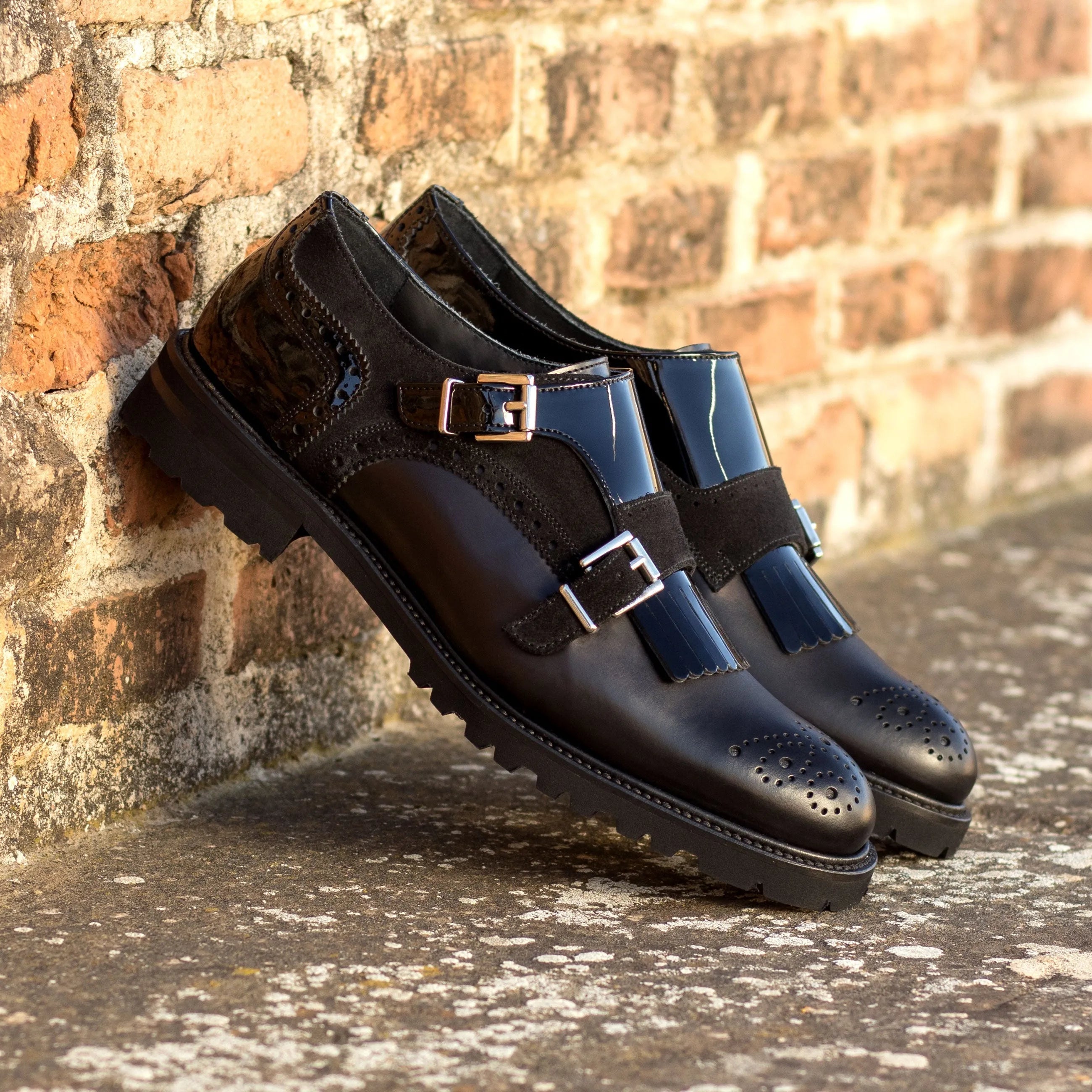 Shiv Kiltie unisex monk strap black leather shoes