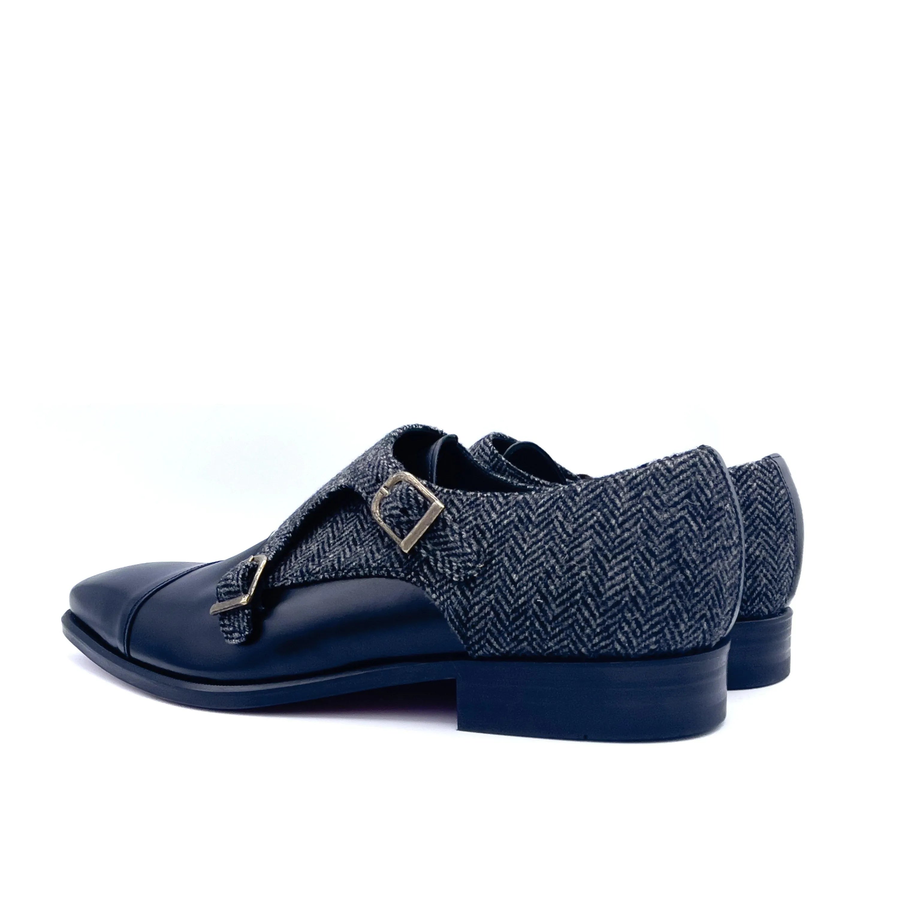 SW20 double monk patina black leather herringbone shoes