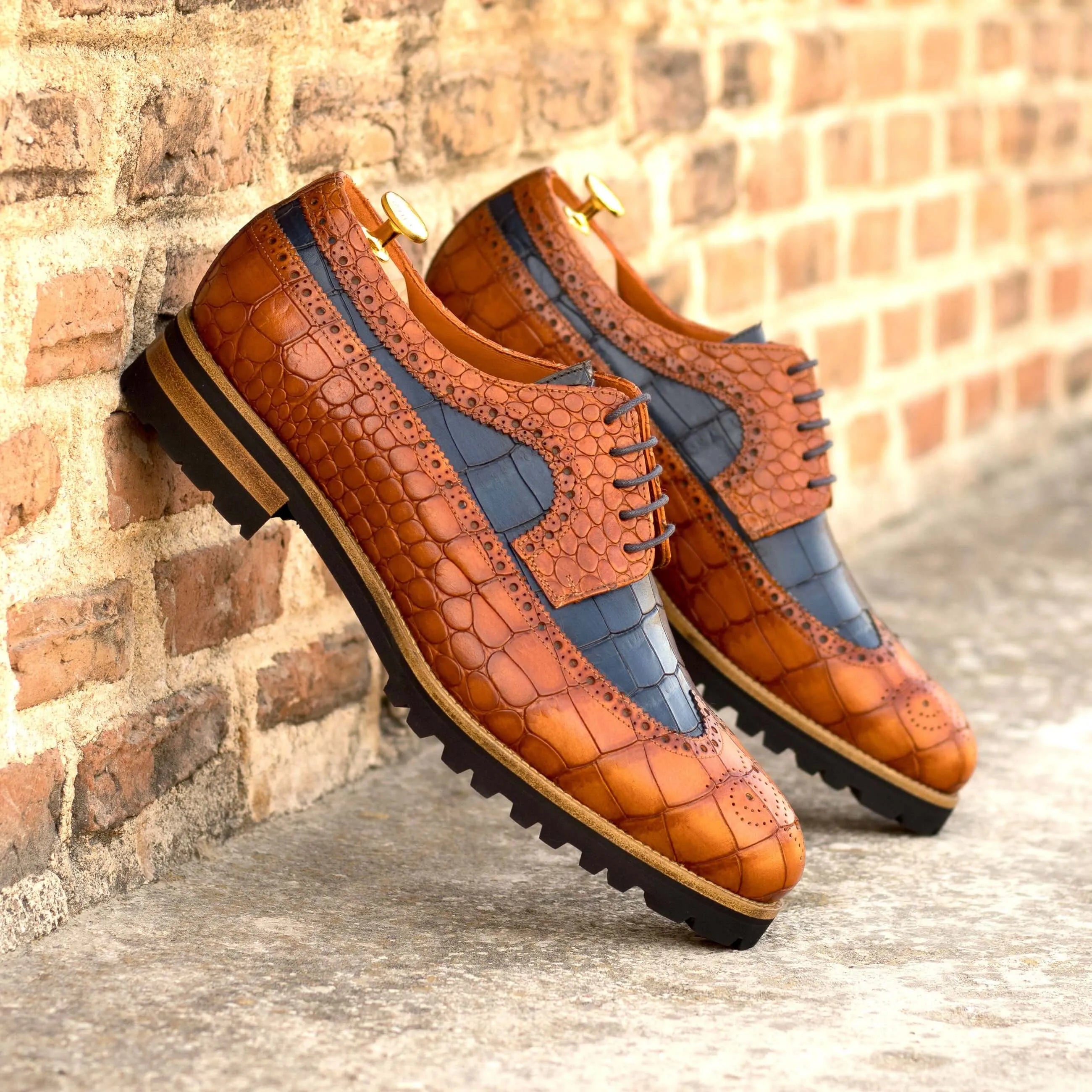 Bornard Longwing Blucher painted croco brown and blue crocodile leather dress shoes