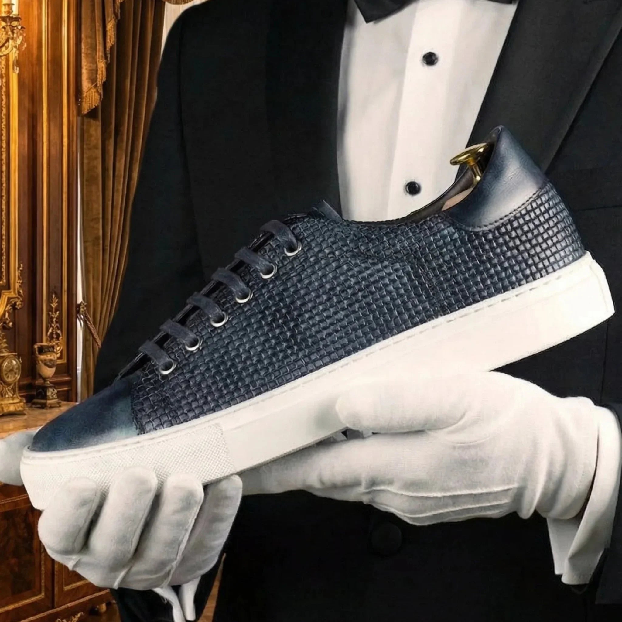 Navy blue woven leather capa braided patina sneaker with white rubber sole and gold-tone heel tab back view