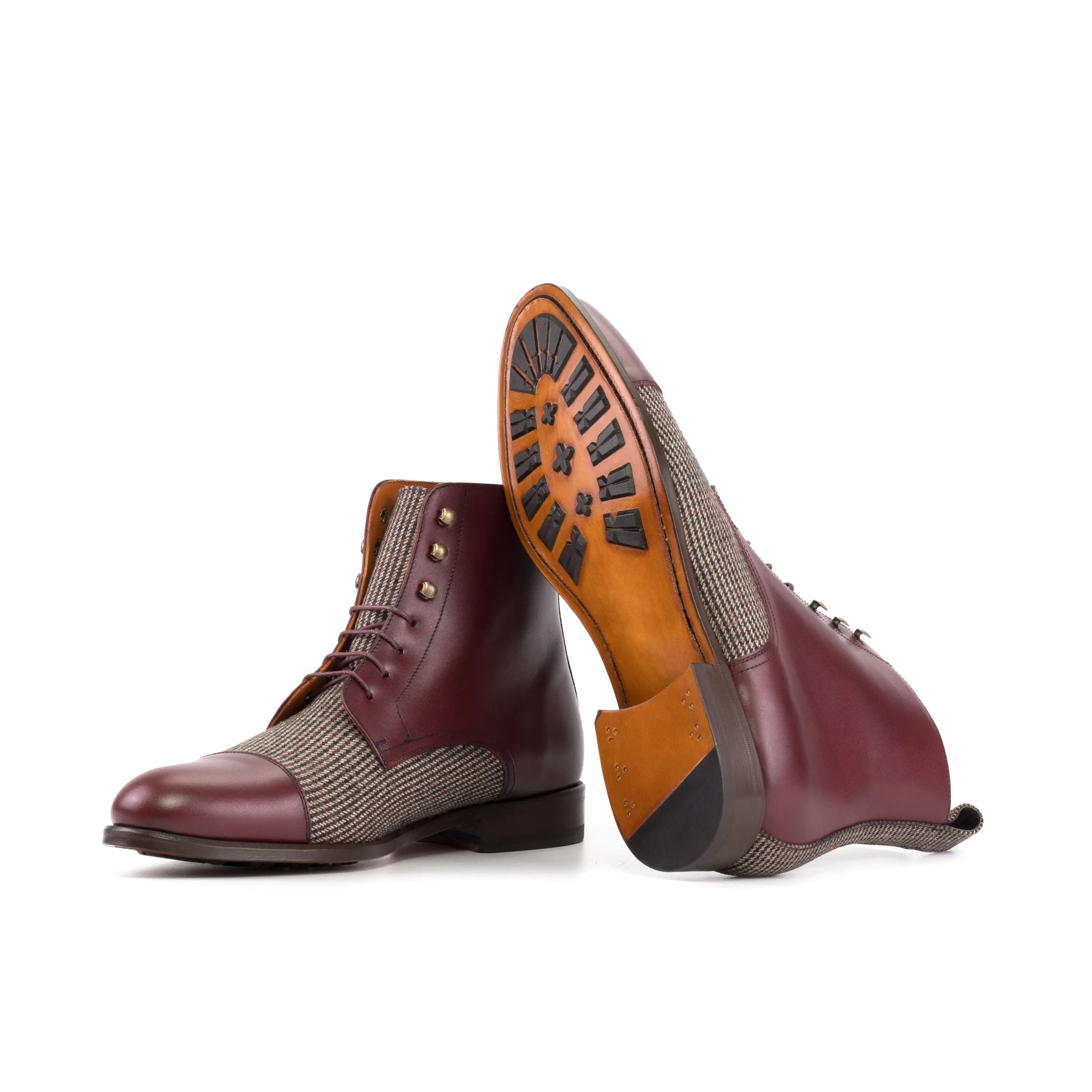 Fenrir Jumper Boots in burgundy leather and tweed lace-up design