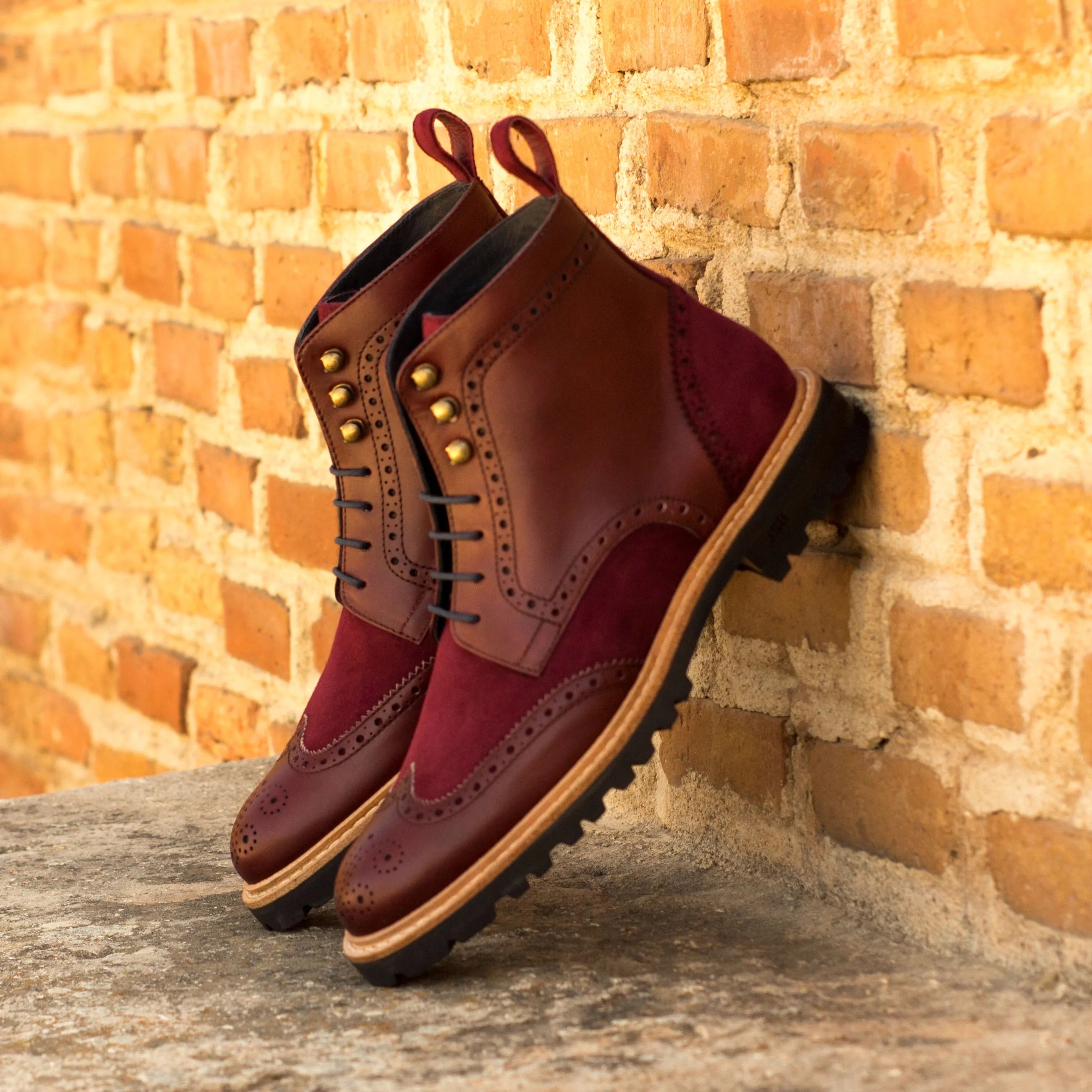 Jayanta ladies military brogue boots II in burgundy leather and suede