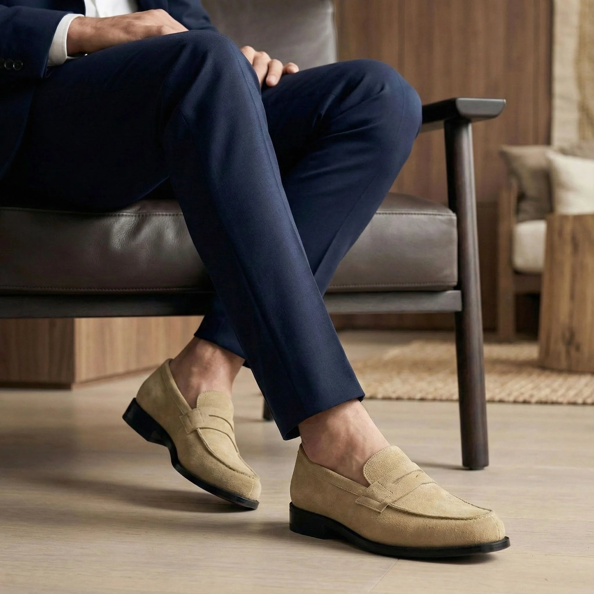 Kilzo penny loafers II in beige suede moccasin style with black rubber soles