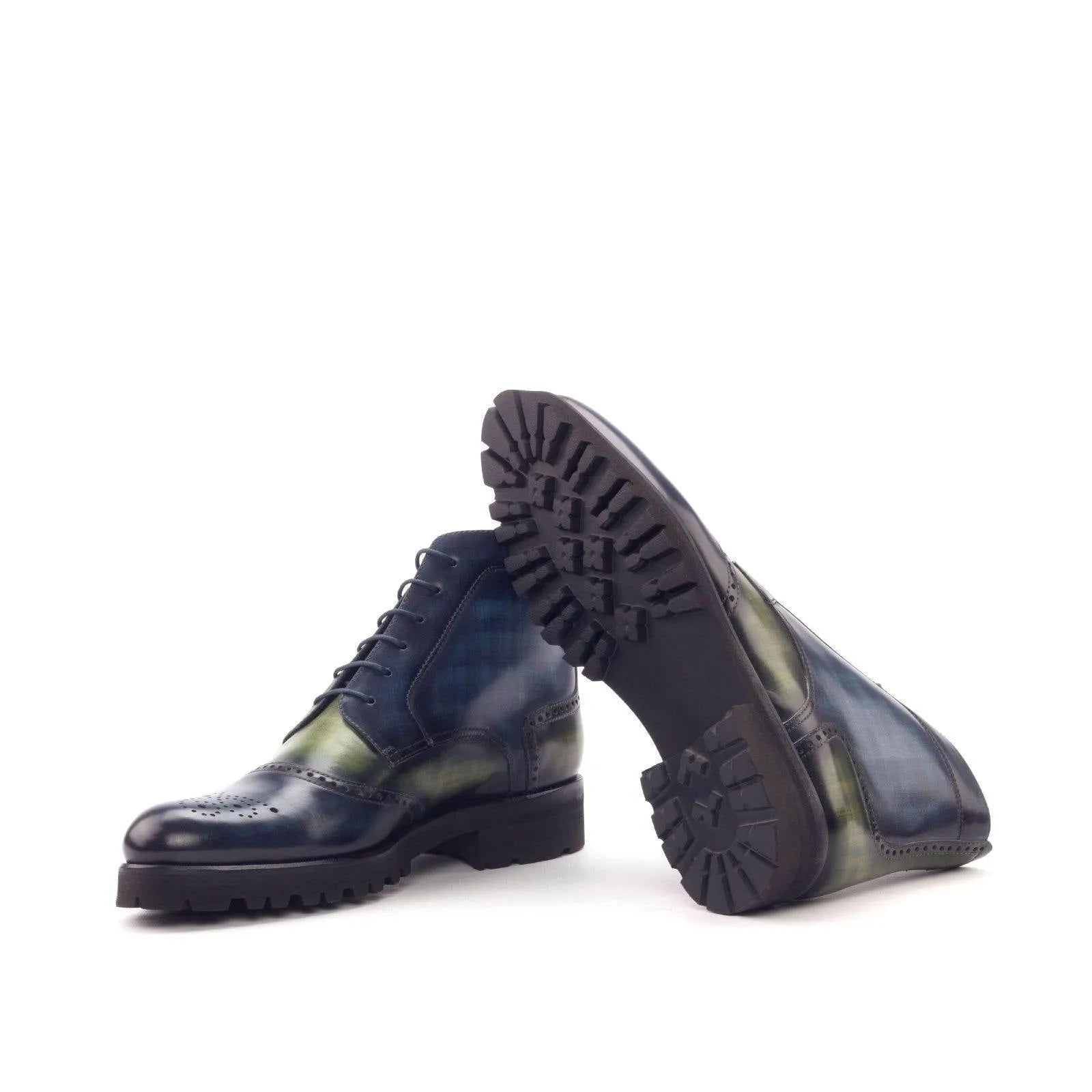 Lidia womens military boots II in blue green leather with crust patina