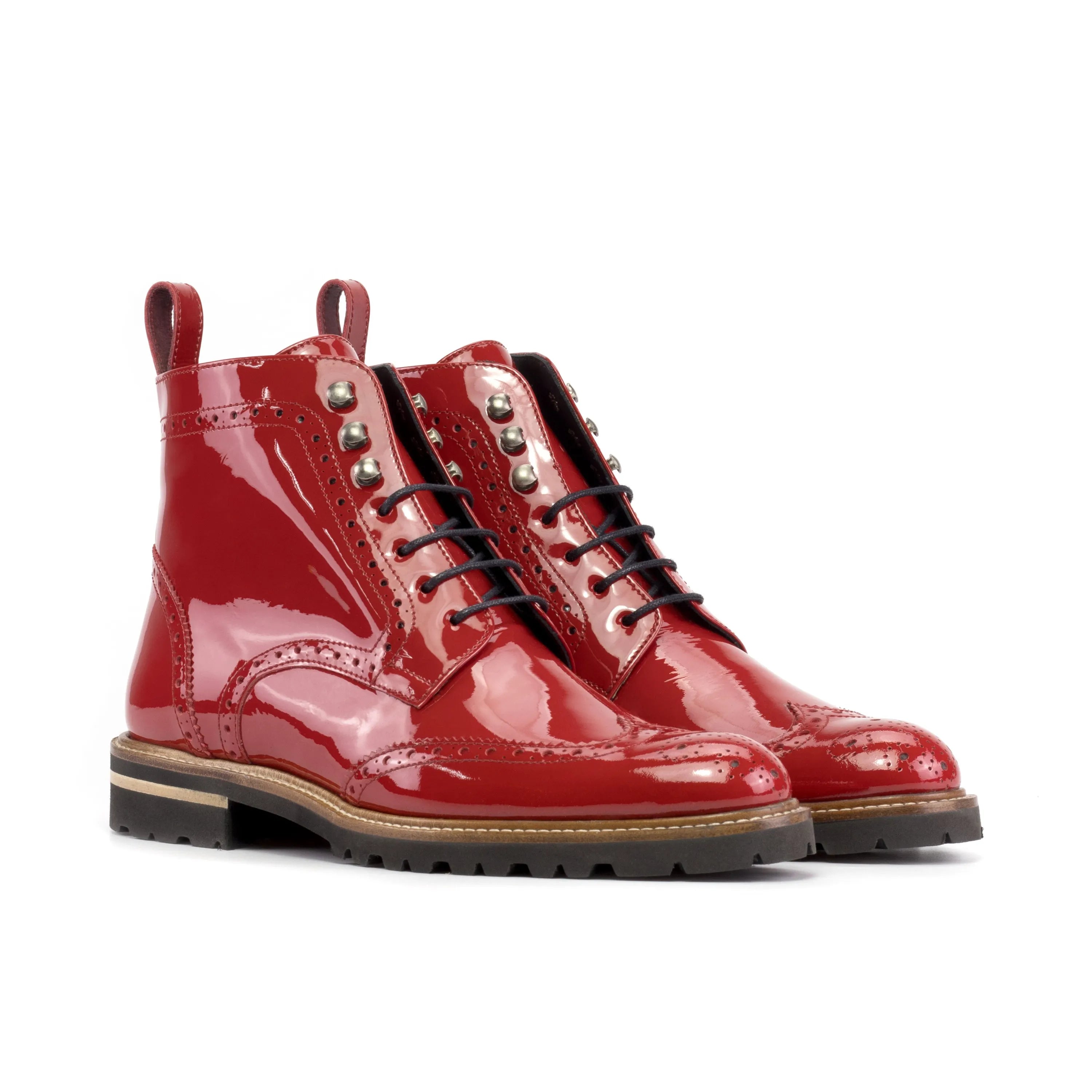 Red Lila unisex military brogue boots in patent leather