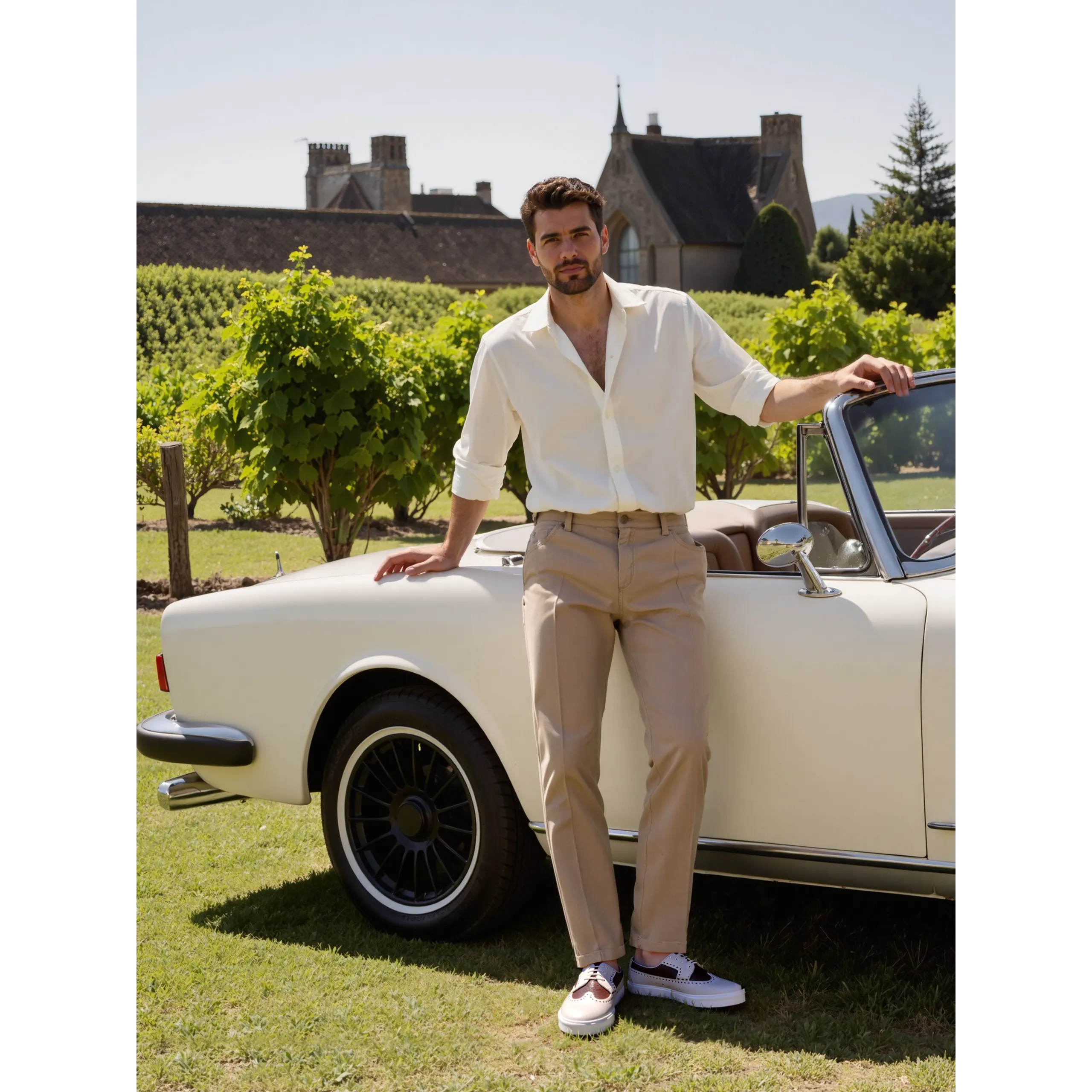 Man posing with vintage convertible in Markof Longwing Sneaker II