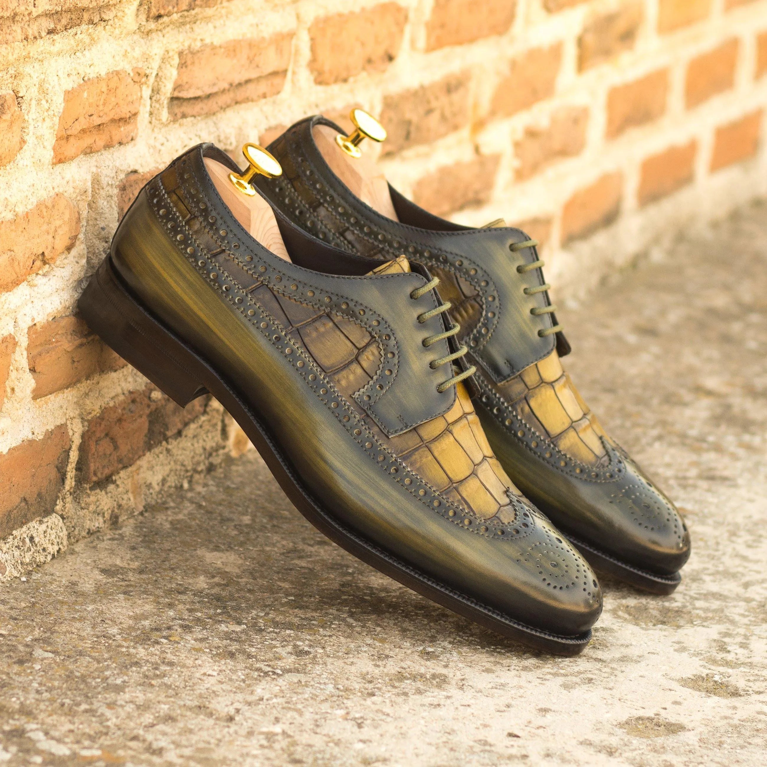 Milios patina longwing blucher two-tone leather dress shoes
