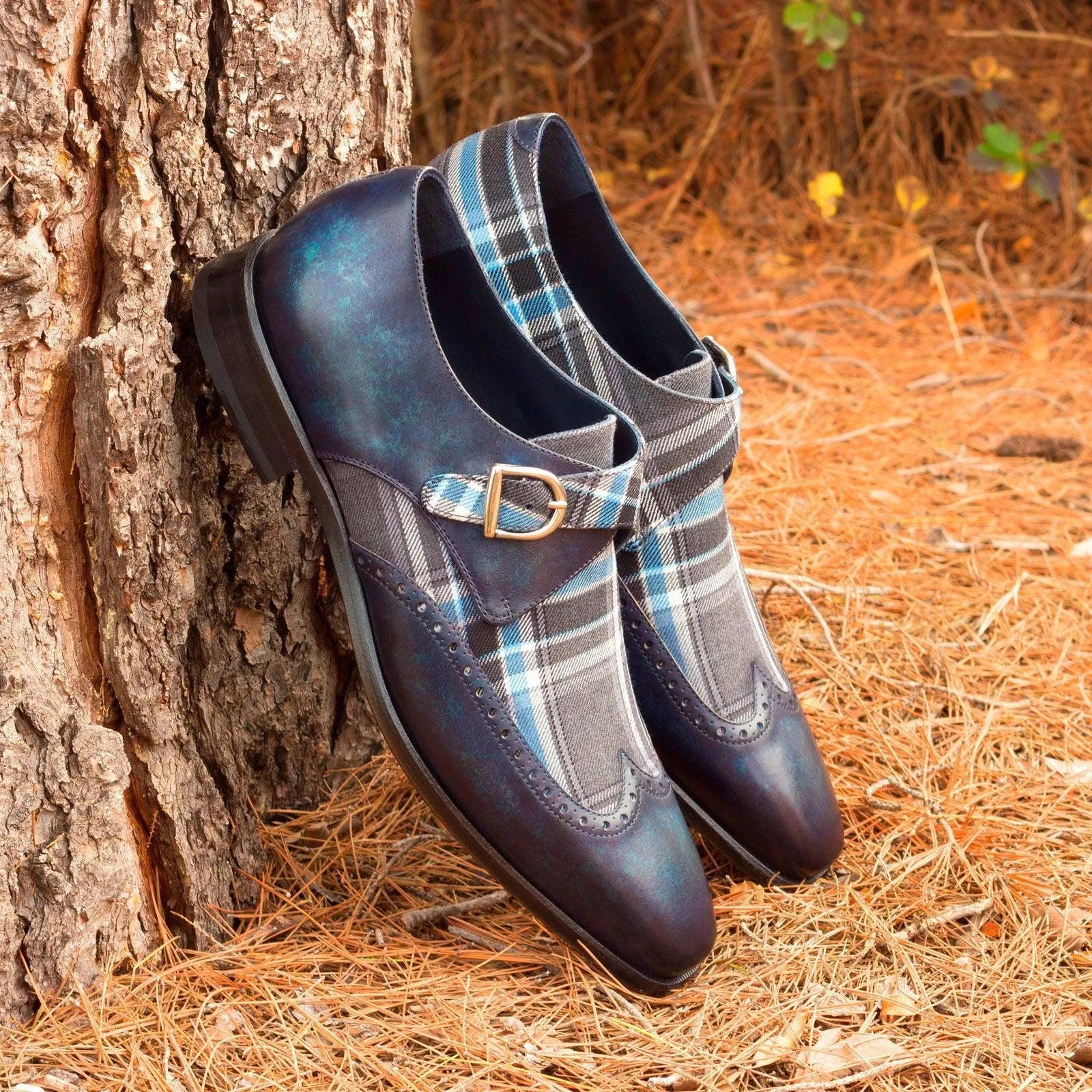 Salute Single Monk Patina II blue leather plaid buckled shoes