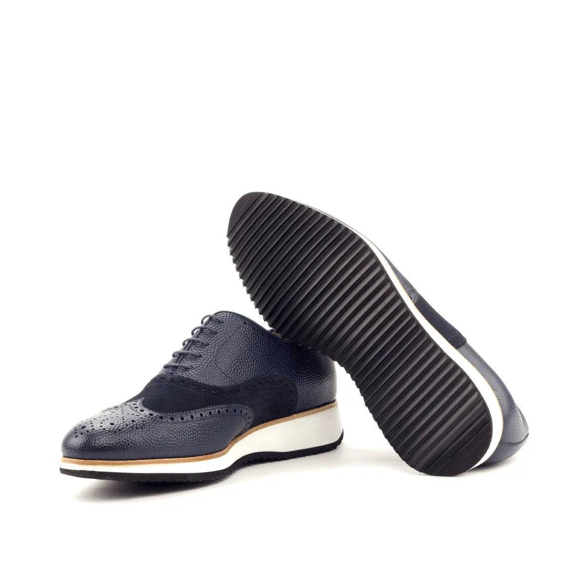 Sinere Full Brogue II blue leather suede wingtip shoes with rounded toe