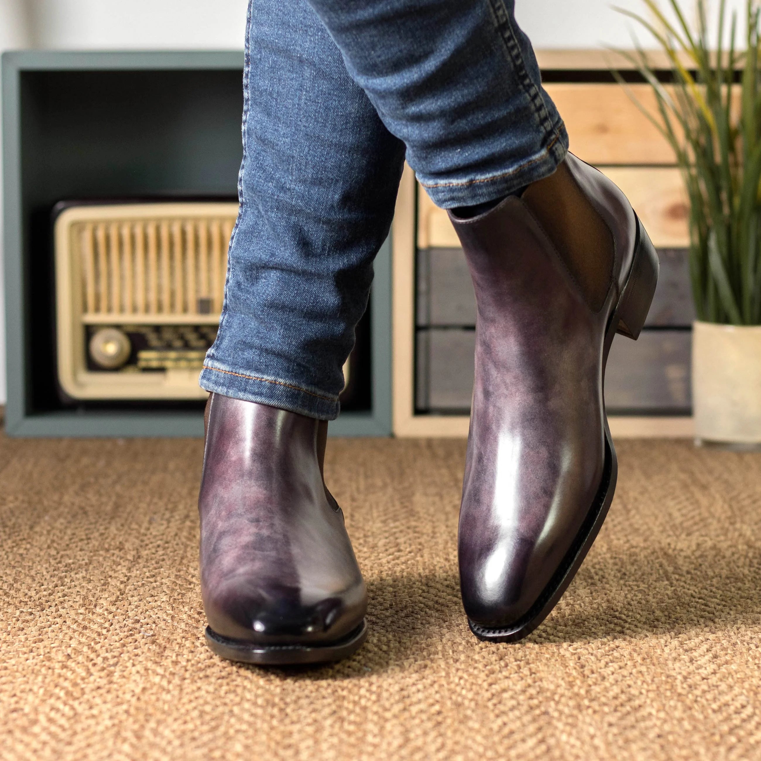Winzlo patina Chelsea aubergine suede boots with goodyear welt